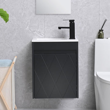 16-Inch Bathroom Vanity Sink Combo for Small Spaces – Wall-Mounted Cabinet Set with White Resin Basin Sink, Black Faucet and Pop-Up Drain, Black