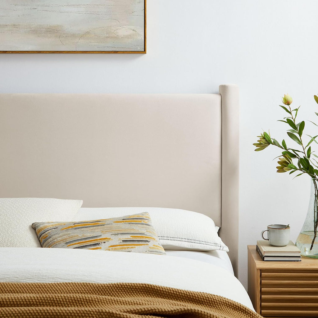 Rael Queen Upholstered Headboard with Pillars in Alabaster - Velvet Headboard - Stain-Resistant Performance Velvet
