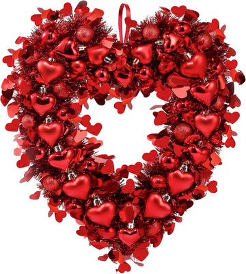 17.7" Heart Shaped Wreath Valentine's Day Red Heart Wreath for Front Door Wedding Party Anniversary Wall Decor Gift