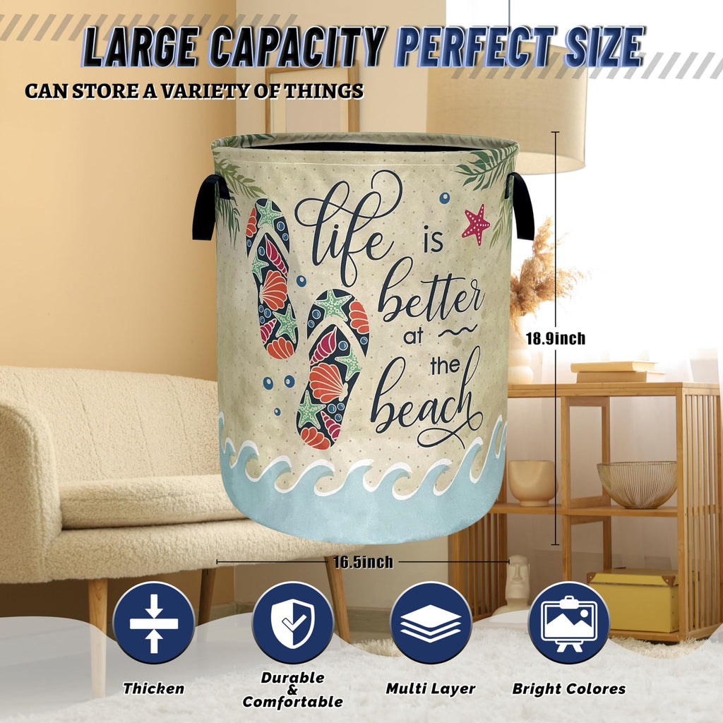 Funny Beach Laundry Basket Oxford Cloth Foldable Hamper 18.9x16.5 Inch