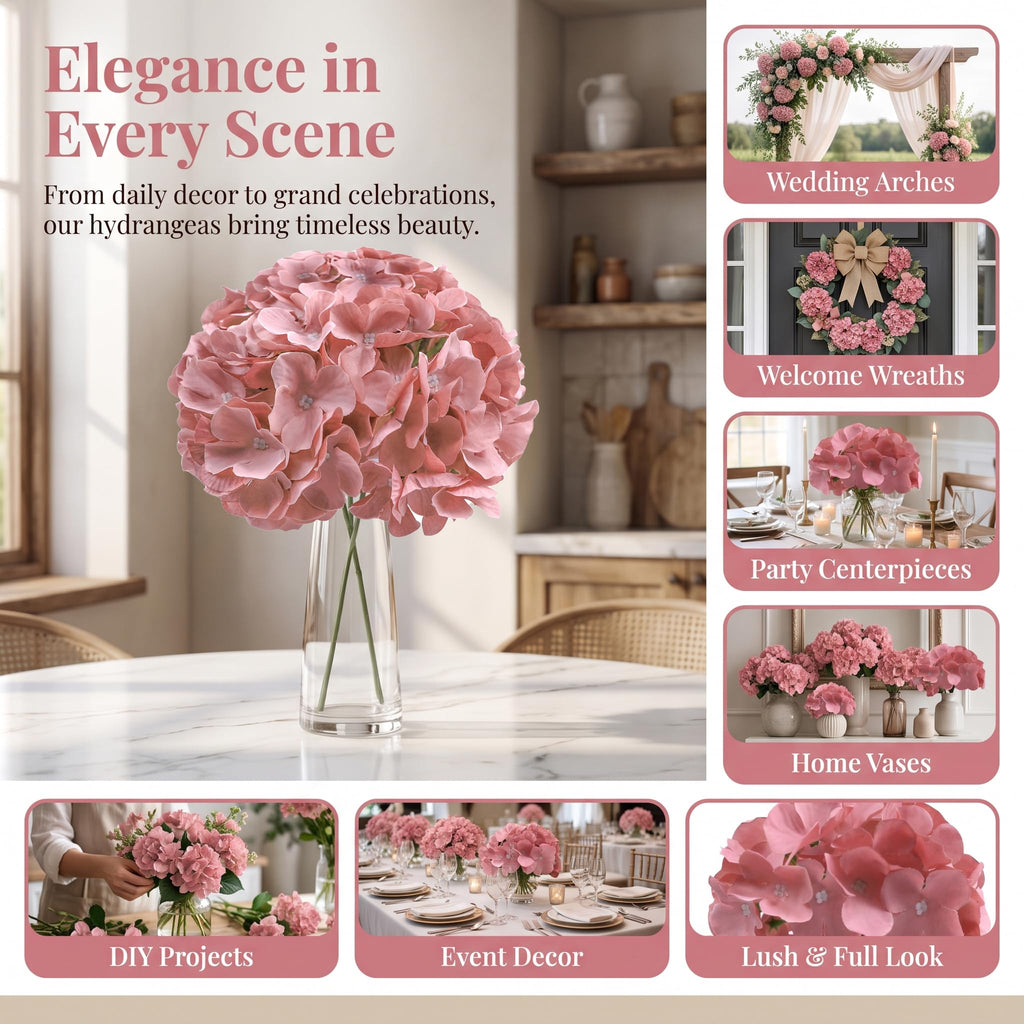 Dusty Rose Fake Flowers Hydrangea Artificial Flowers Bulk (Not Squished, No Steaming Need) Silk Flowers with