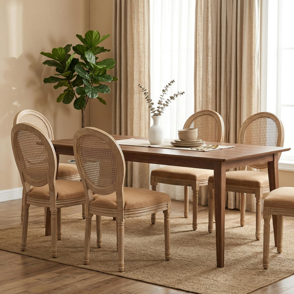 Vintage French Country Dining Chairs Set of 4, Farmhouse Rattan Dining Room Chairs with Round Back, Linen Upholstered