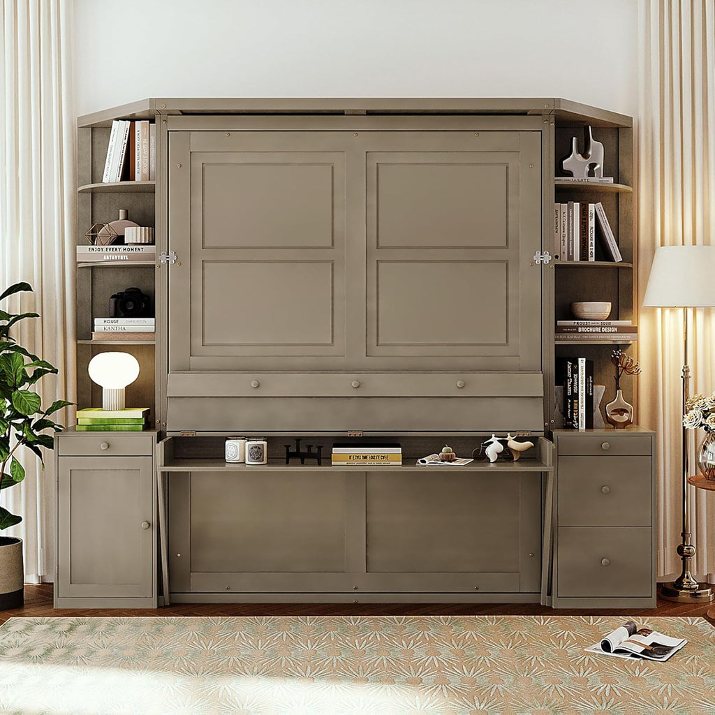 Queen Murphy Bed with Desk and Storage, Hidden Wall Bed with Foldout Workstation, Shelves and Cabinets for