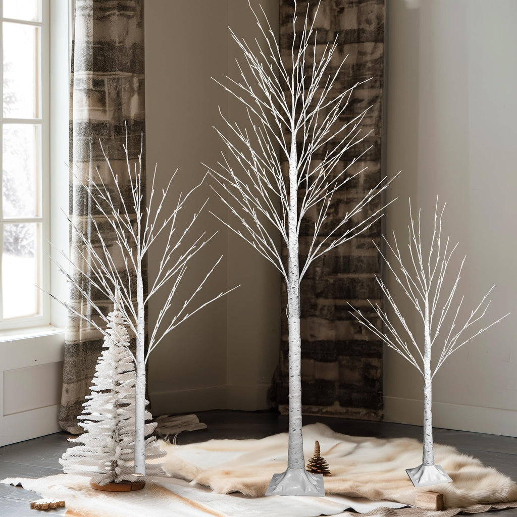 3 Pack Light up Birch Tree, 4FT 96 LED/ 5FT 120 LED/ 8FT 240 LEDs Pre lit Birch Christmas Tree for Xmas Indoor