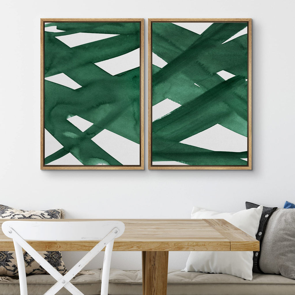 Framed Wall Art Print Set Intersecting Lines Dark Green Colors Geometric Shapes Illustrations Modern Art Contemporary