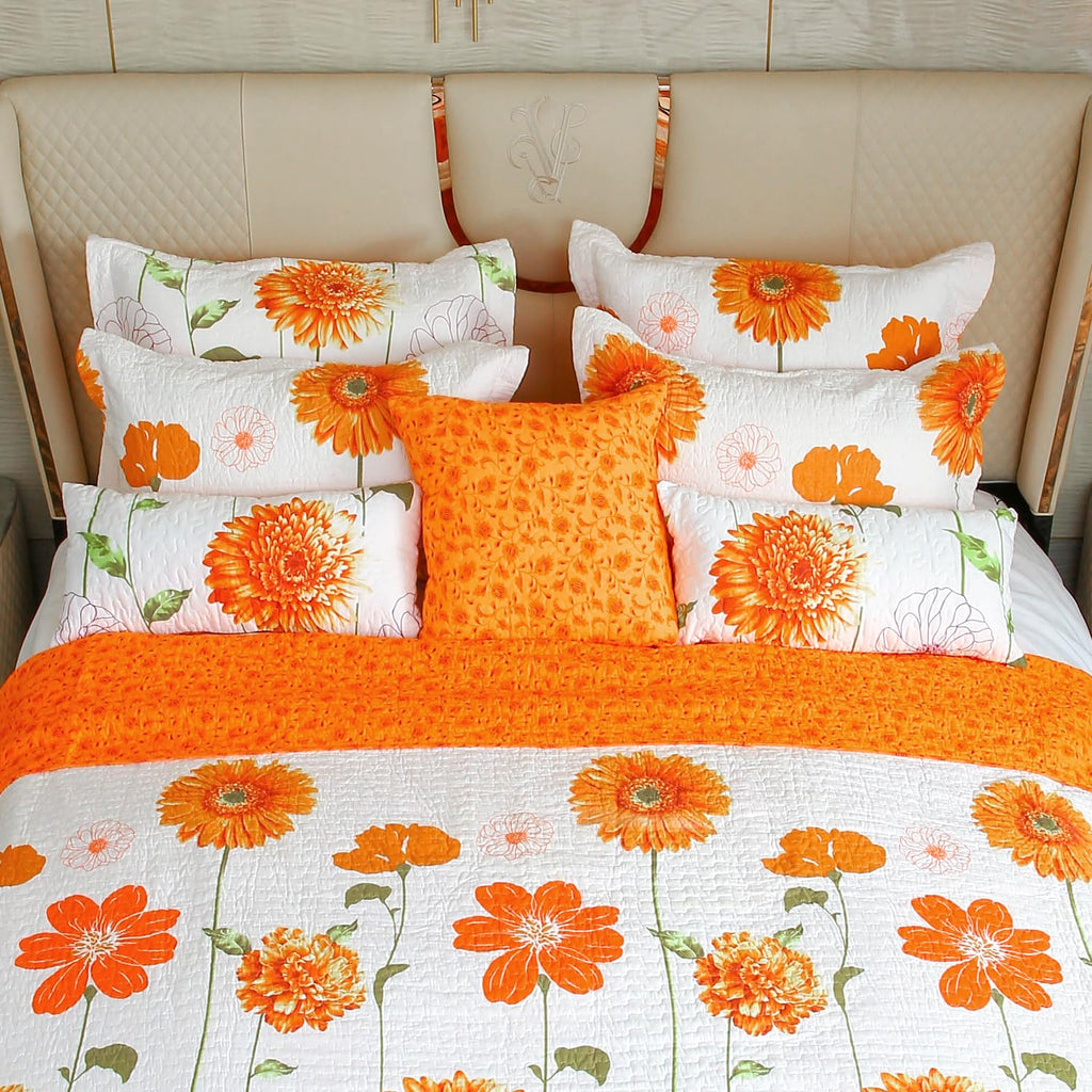 Quilted Pillow Shams Set of 2 Orange Sunflower Pillow Covers Floral Pillowcases Matching Bedding Decoration (18" X