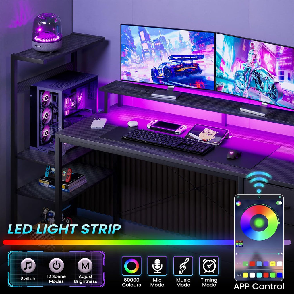 59in Gaming Computer Desk with Drawers & Power Outlet & LED Lights, Black | Gaming Table, Escritorio Gamer