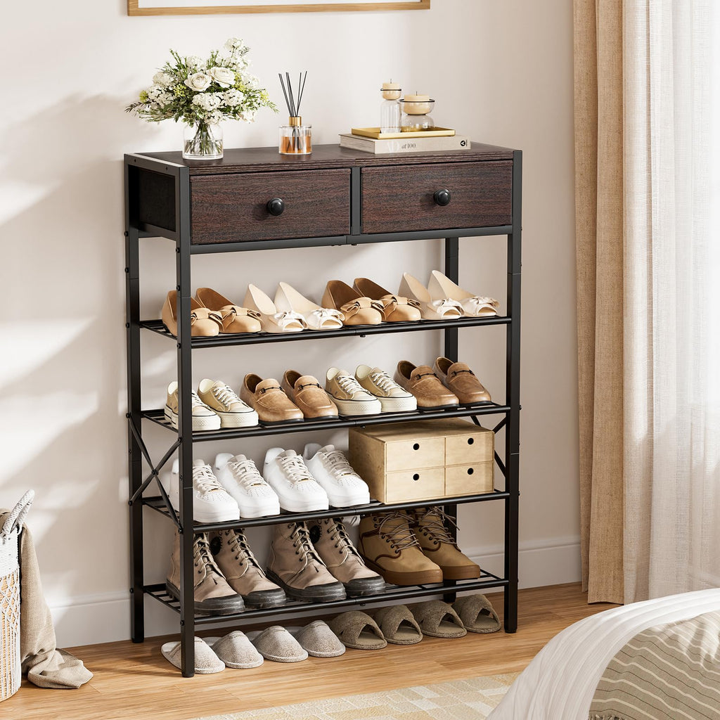 5 Tier Shoe Rack with 2 Drawers, 16-20 Pairs Dark Brown