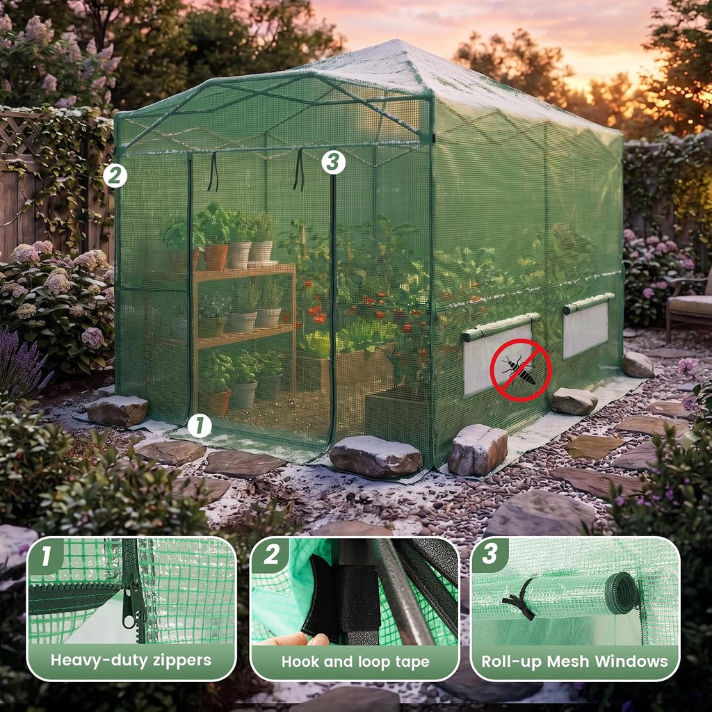 12X8 Pop Up Outdoor Walk-in Portable Greenhouse,Green | Patented CenterLock One Push Instant Greenhouses, Heavy Duty
