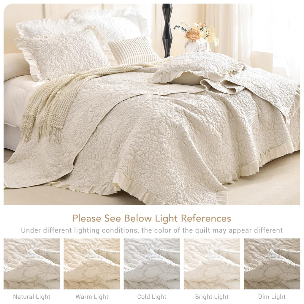Wheat Quilt Sets, Stone-Washed Lightweight Ruffle Coverlet, 3Pcs Quilted Crinkled Shabby Bedspread Set