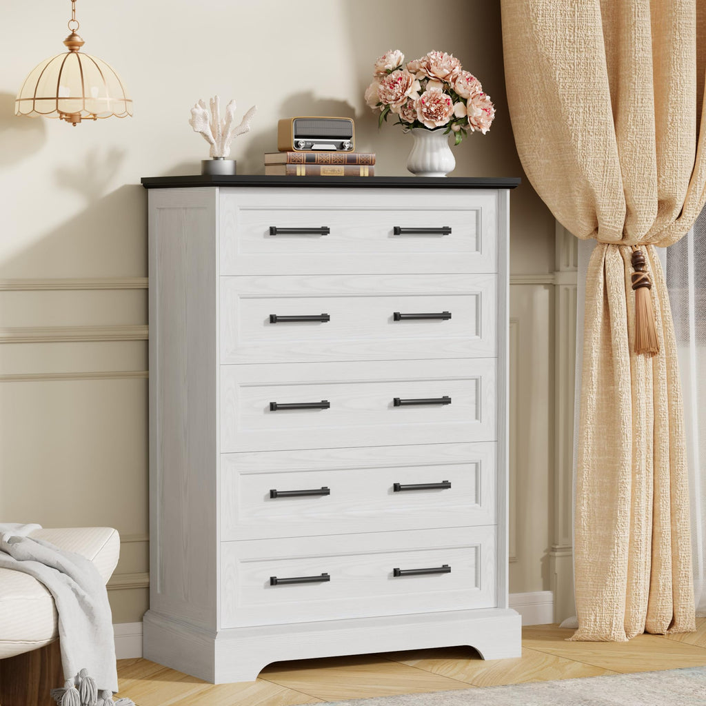 Farmhouse Dresser, 5 Drawers Dresser, White & Black