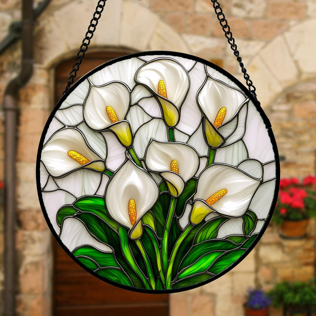 White Calla Lily Bouquet Stained Glass Window Hanging Suncatcher Gifts 12"