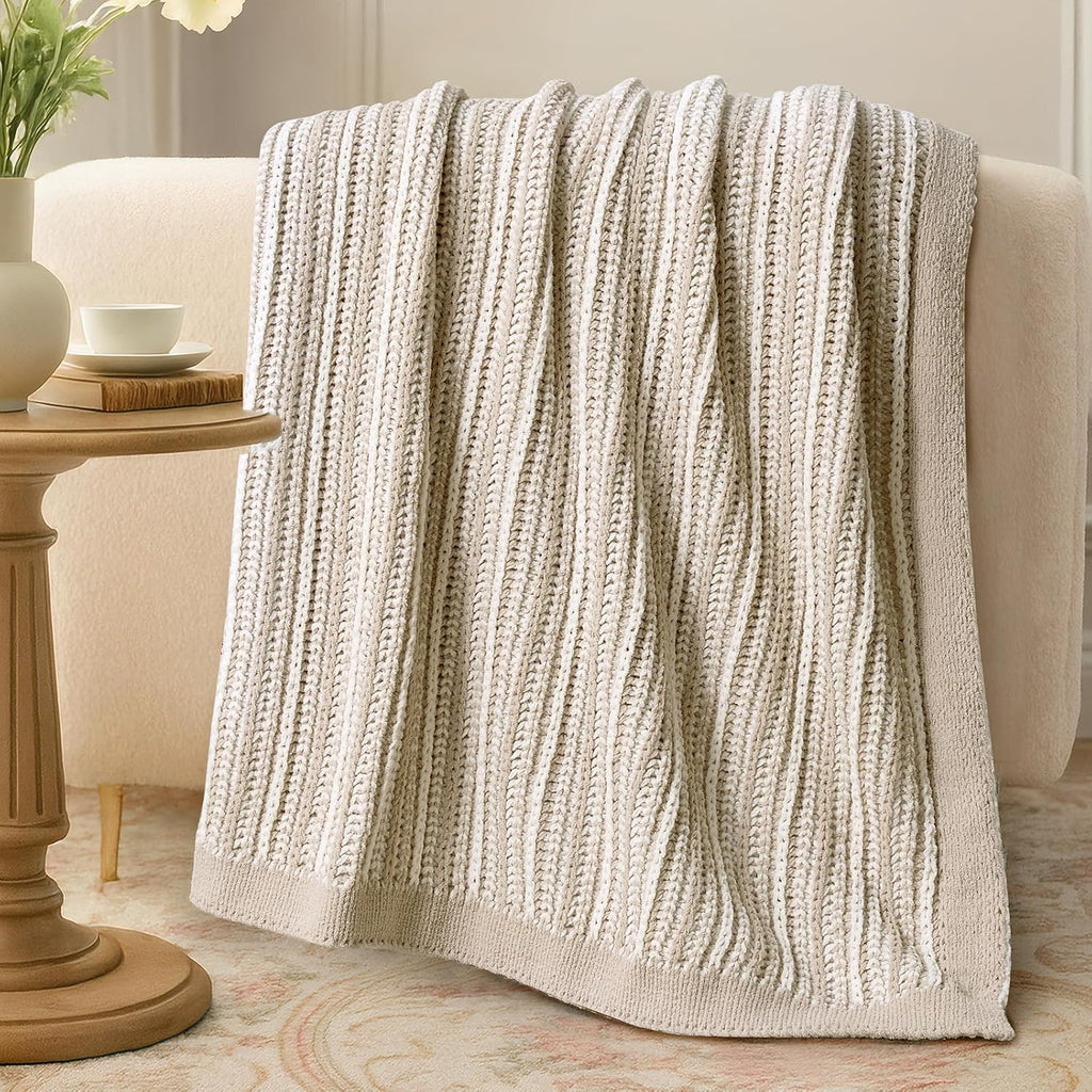 Striped Knit Throw Blanket, Dual-Sided Soft Chenille Decorative Blankets, 50"x60", Khaki & White