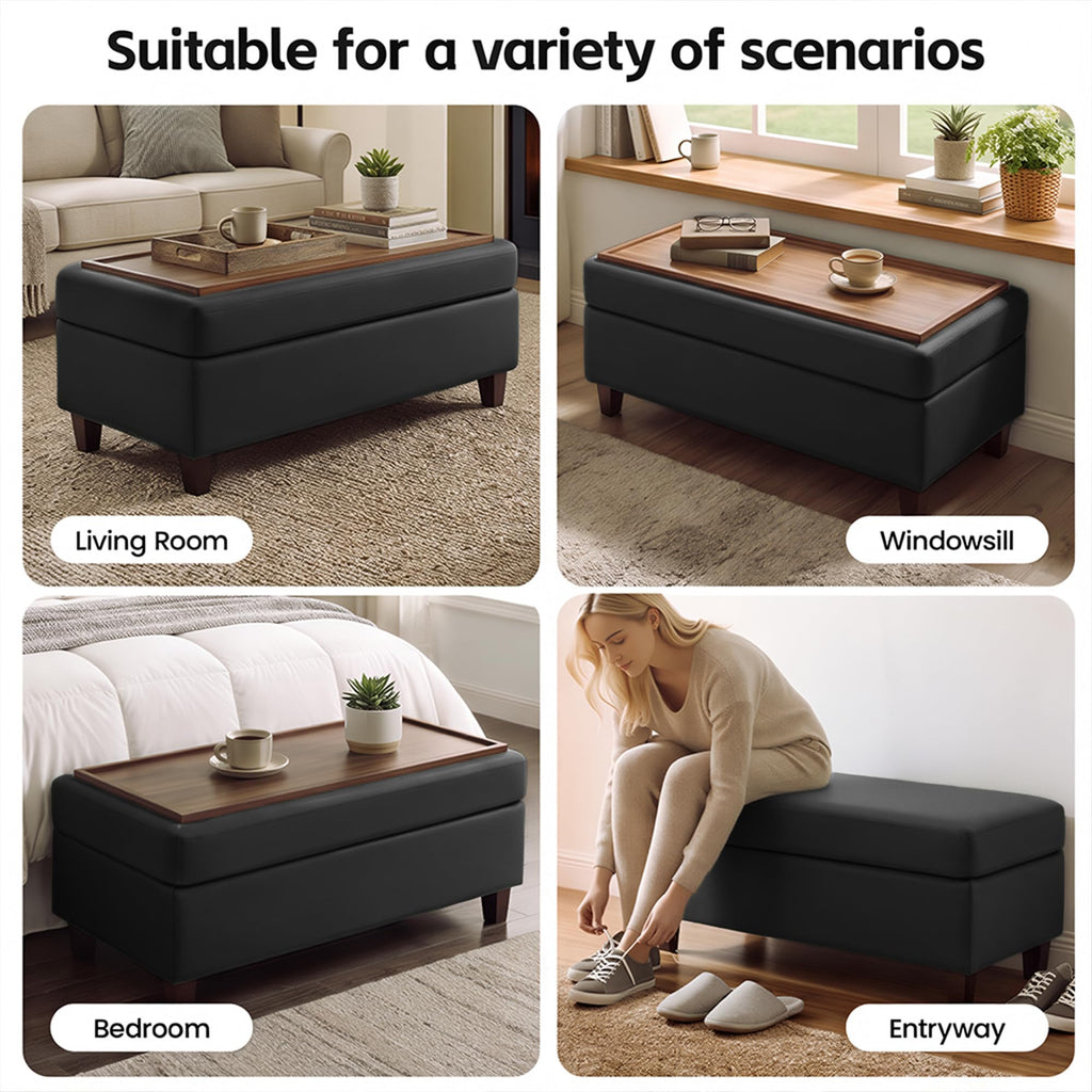 45" Ottoman Coffee Table with Storage, Reversible Wooden Tray Top, Large Storage Ottoman Bench, Leather Upholstered