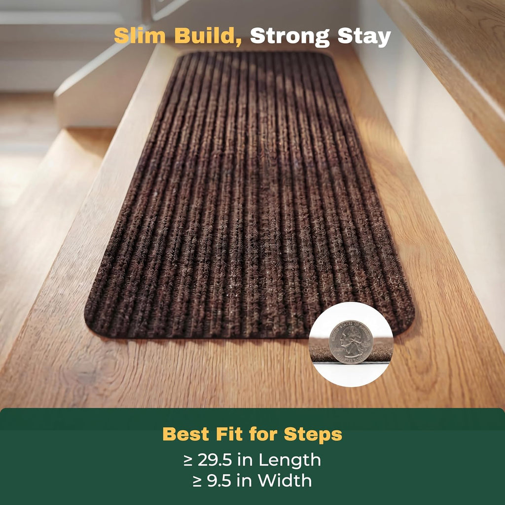Carpet Stair Treads for Wooden Steps, 15 Pack, 8" x 30", Brown Stripe | Four-layer polyester carpet with PP grid