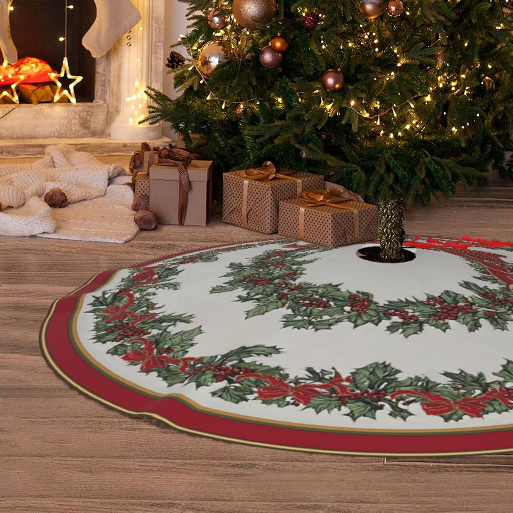 Bow Holly Fruit Christmas Tree Skirt 36 Inch Xmas Tree Mat Party Decor Supplies for Holiday Home Decorations