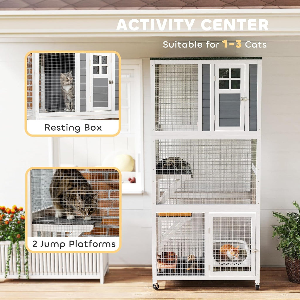 74" Wooden Catio Outdoor Cat Enclosure Weatherproof & Wheeled, Outside Cat House with High Weight Capacity, Kitten