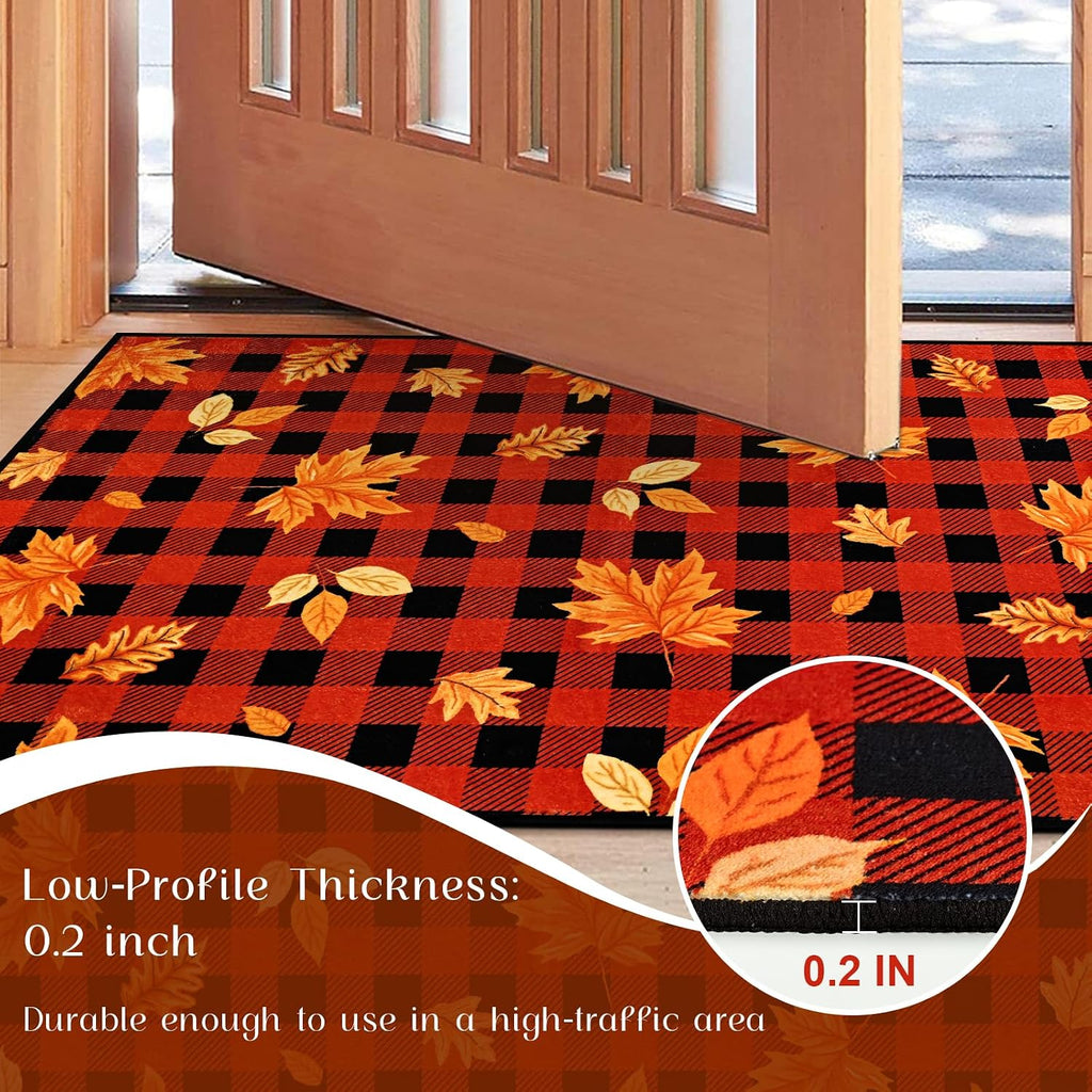 Fall Rug Area Rugs Non Slip Washable Rug Soft Faux Wool Large Rugs Maple Leaves Throw Rugs Vintage Buffalo Plaid