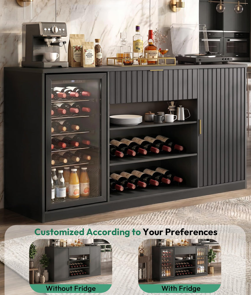 71" Coffee Bar Cabinet with 2 Fridge Space, Wine Racks & Holder