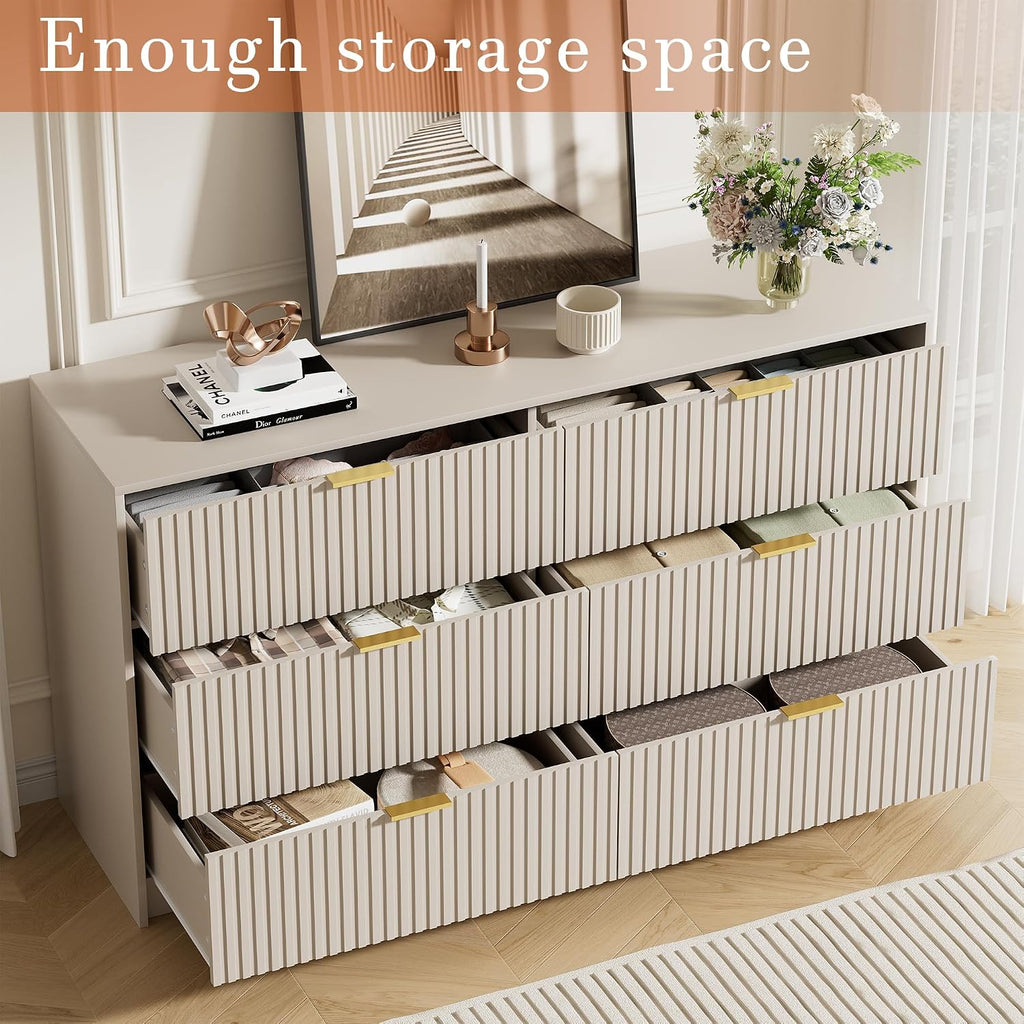 Beige Dresser , Modern Dresser with 6 Drawers and Smooth Slides, Wide Chest of Drawers with Golden Handles , Closet
