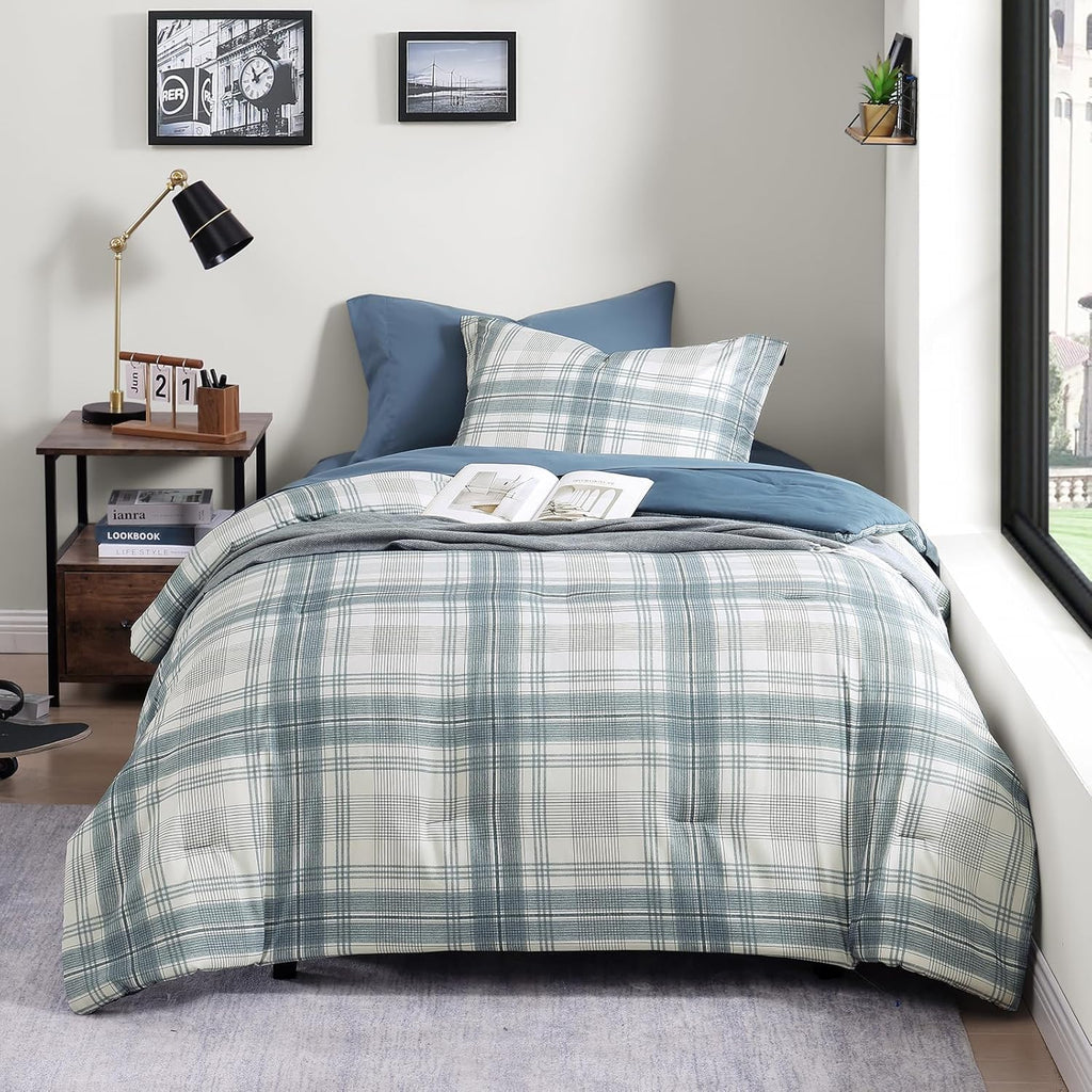 Twin XL Comforter Set, Blue Grey Plaid Bedding Set 5 Piece for Boys Girls Teen, Classic Homestead-Style Kids