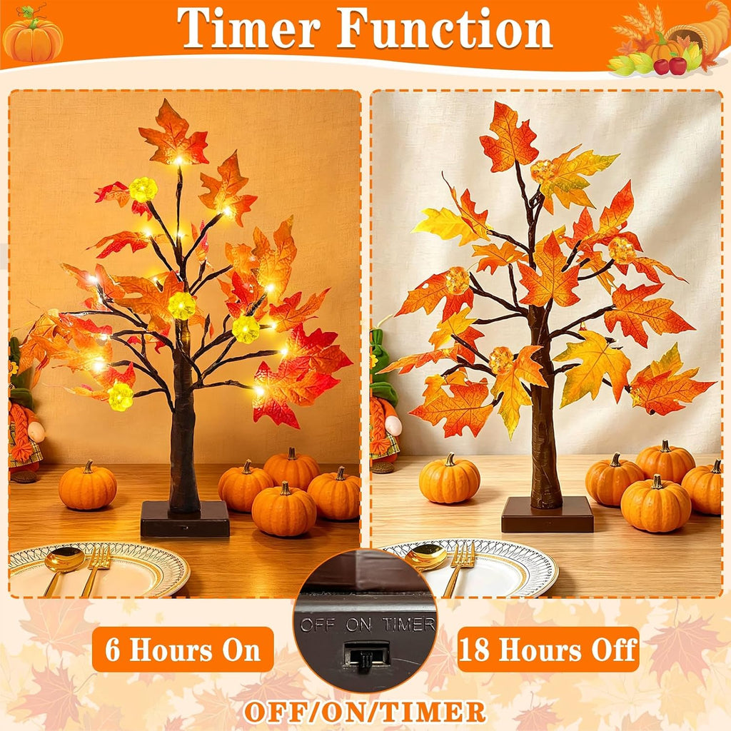 Prelit Fall Maple Tree with Pumpkin Lights Timer 24 Warm White LED 18 Inch
