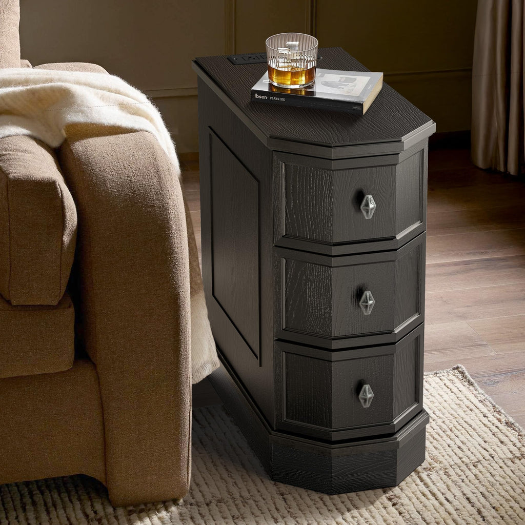 Solid Wood Nightstand with Charging Station, Vintage End Table with 3 Drawer, Victoria Narrow Side Table, Slim