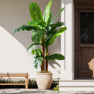 Artificial Banana Tree 6ft, Faux Tropical Palm Tree Plant with Realistic Leaves, Low Maintenance Indoor Outdoor Decor