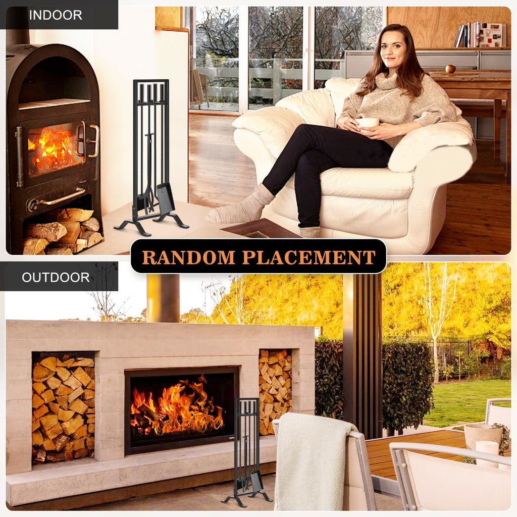 Premium 5 Pcs Wrought Iron Fireplace Tools Set for Outdoor/Indoor, Fire Place Set Tools Include Poker, Tongs