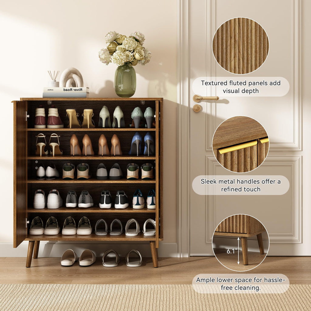 5-Tier Shoe Storage Cabinet with Adjustable Shelves, Natural Oak丨Fluted Shoe Cabinet Set of 2 with Doors, Wooden