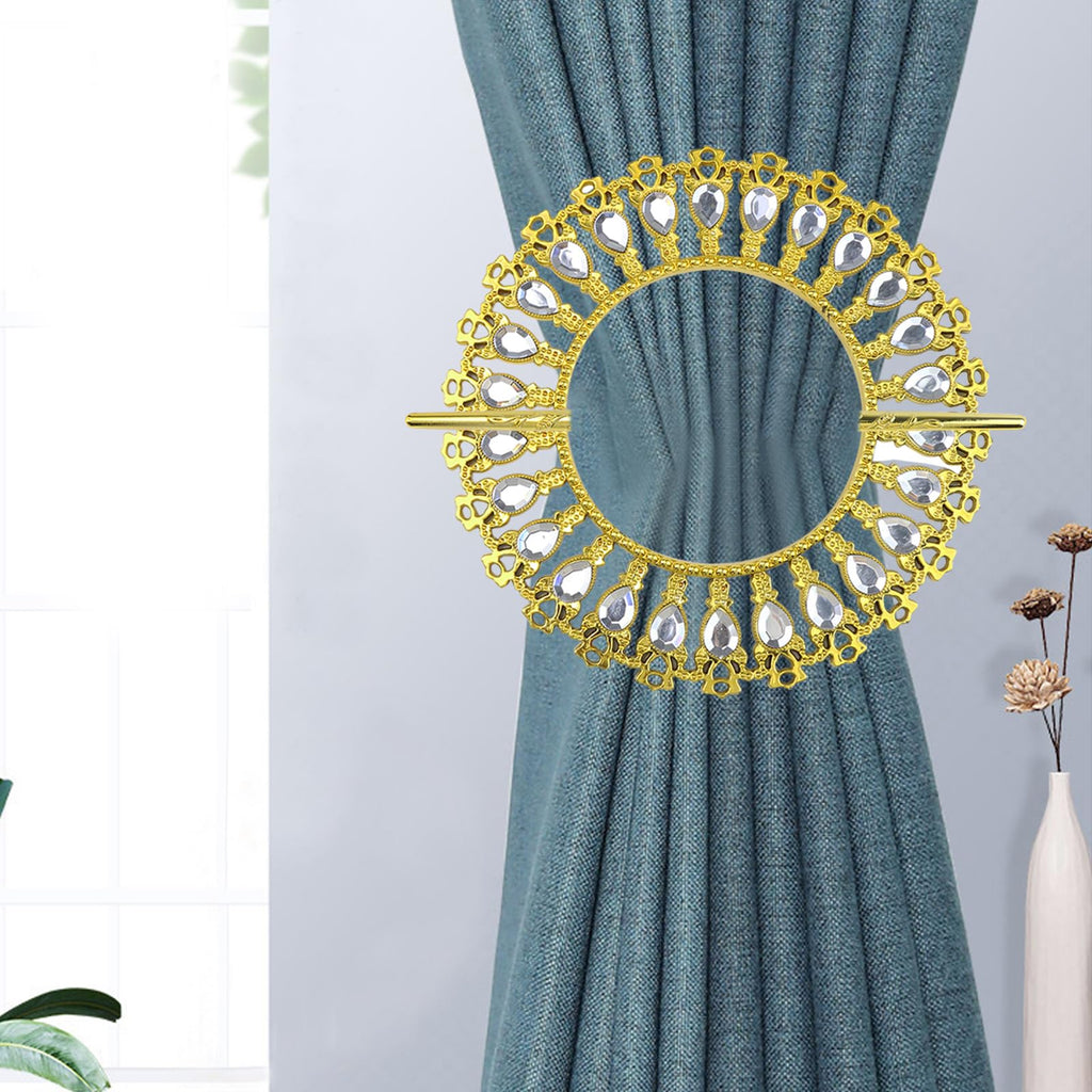 Shiny Gold Curtain Tiebacks Round Holdbacks, 26 Crystals - 2 Pack