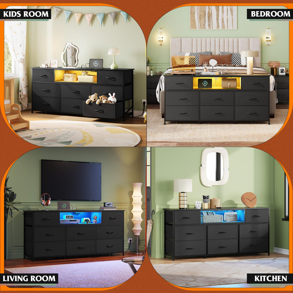 LED Dresser TV Stand for 65 Inch TV, 8 Fabric Drawers, Black Dresser