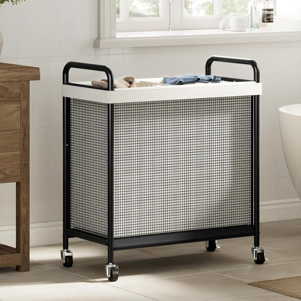 Rolling Laundry Hamper 2 Section, 100L Laundry Basket with Wheels | Double Laundry Sorter with Metal Handle and