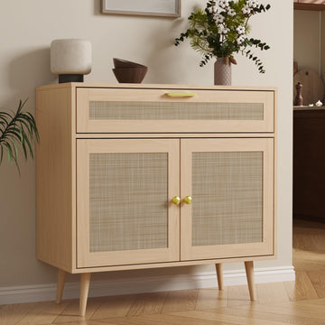 Rattan Sideboard Buffet, Boho Kitchen Cabinet with Drawer & 2 Doors, Modern Mid Century Accent Cabinet with