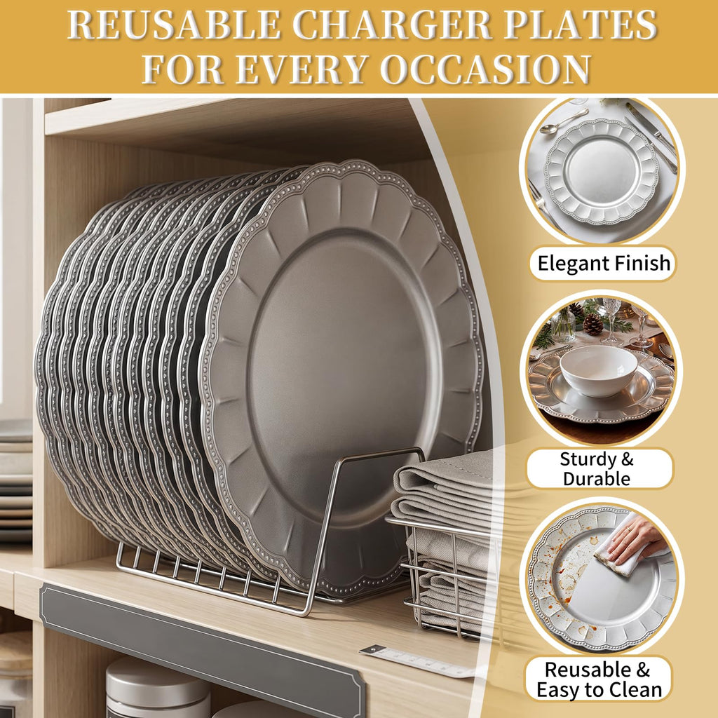 100 Pcs 13" Silver Charger Plates Bulk, Charger Plates with Beaded Sunflower Rim, Elegant Silver Chargers for Dinner