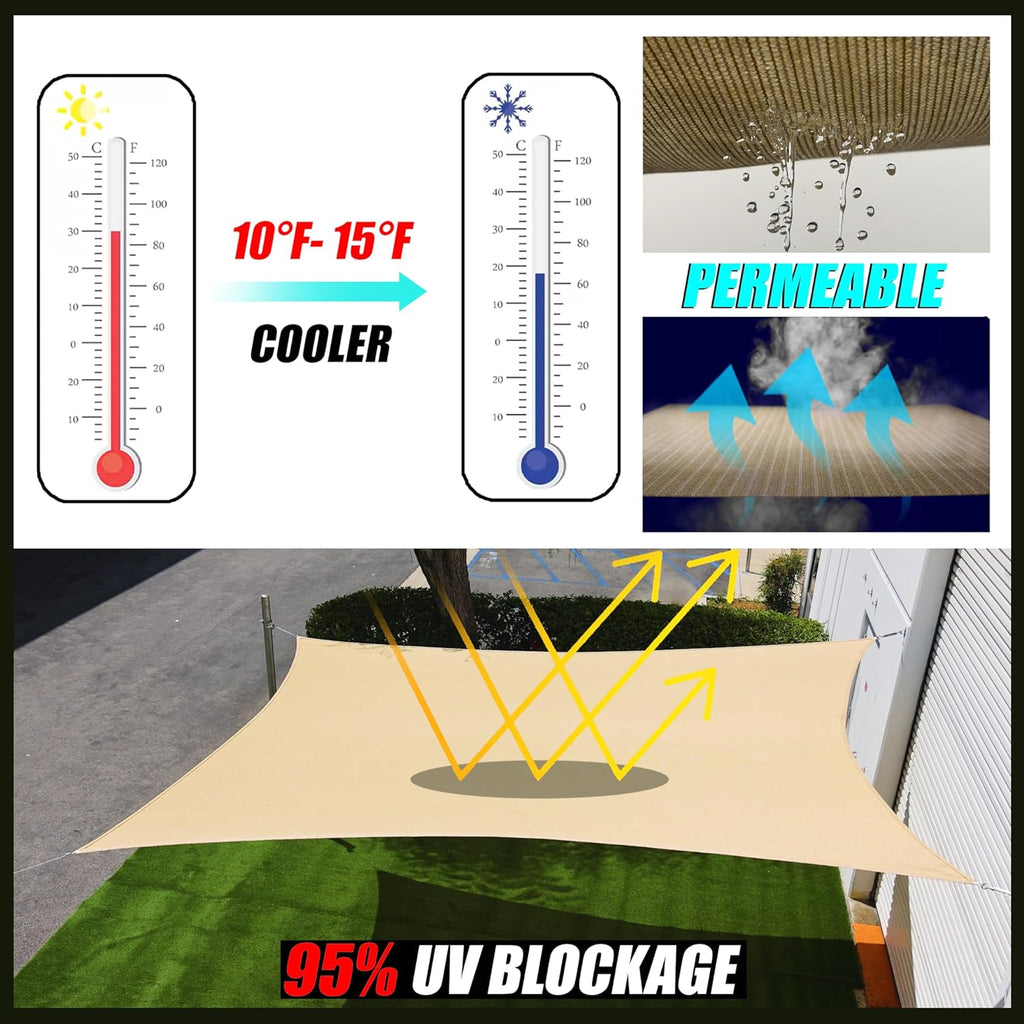 8' x 18' Sand Beige Rectangle Square Sun Shade Sail Order to Make RTAPR1016 Canopy, UPF50+ 95% UV Blockage, 200GSM