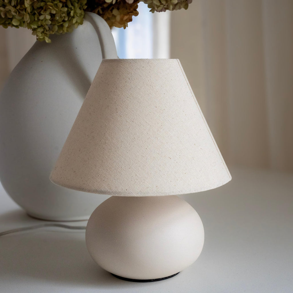 11" Small Table Lamp - Handmade Round Ceramic Cream Base with Off-White Fabric Shade, Dimmable Plug-in Nightstand or
