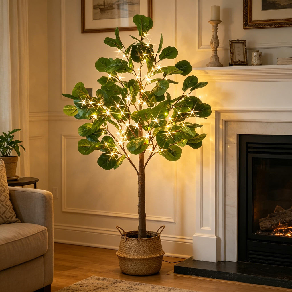 Lighted Fiddle Leaf Fig Tree 4FT 102 LED Fairy Lights, Artificial Greenery Tree with Lights Fireplace Living Room