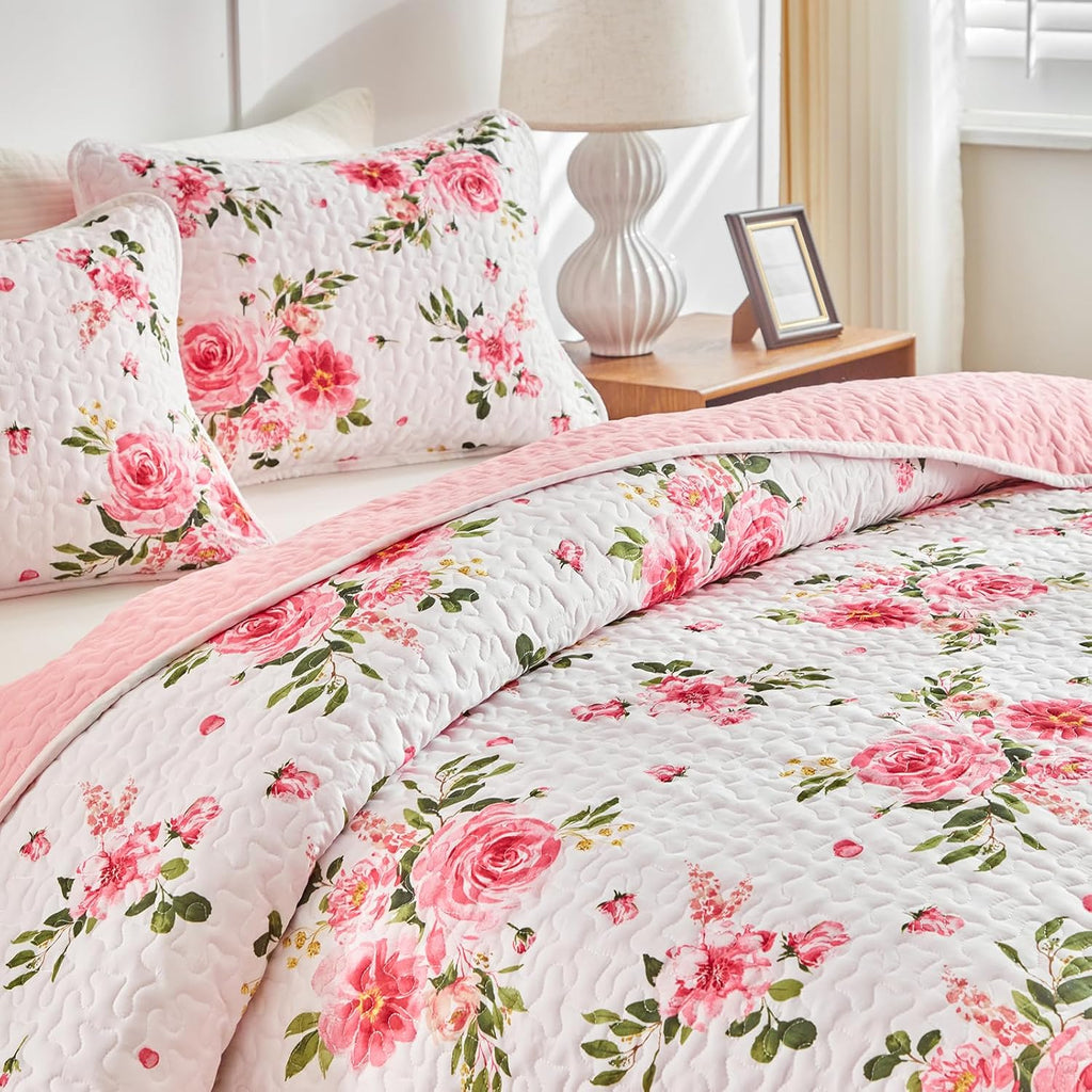Floral Quilt Set 3 Pieces King White Pink Flower Soft Microfiber Lightweight Summer Reversible Coverlet Bedspread for
