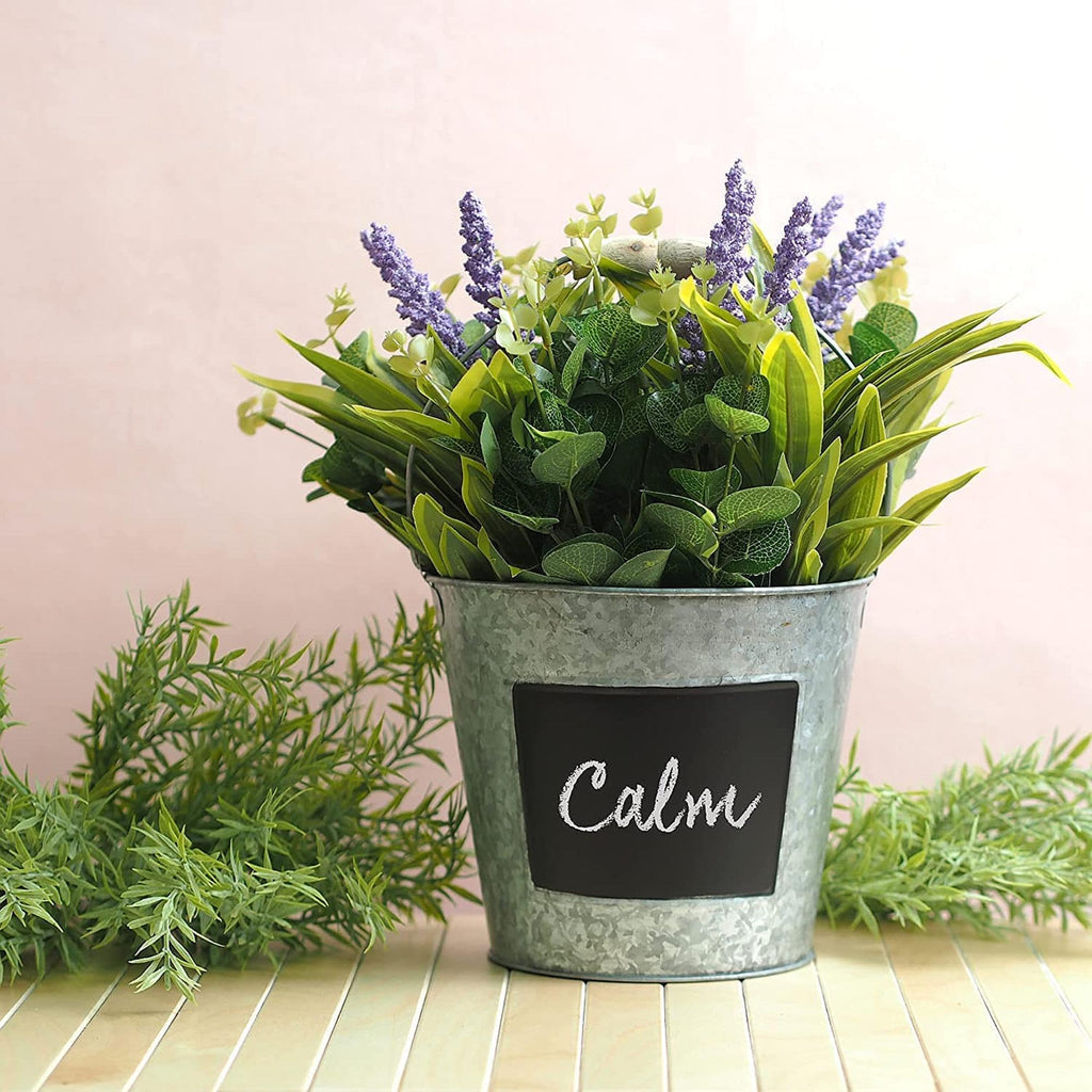 Galvanized Metal Chalkboard Bucket with Wooden Handle 7 Inch Dia - Set of 8 Rustic Farmhouse Floral Planter, Ideal