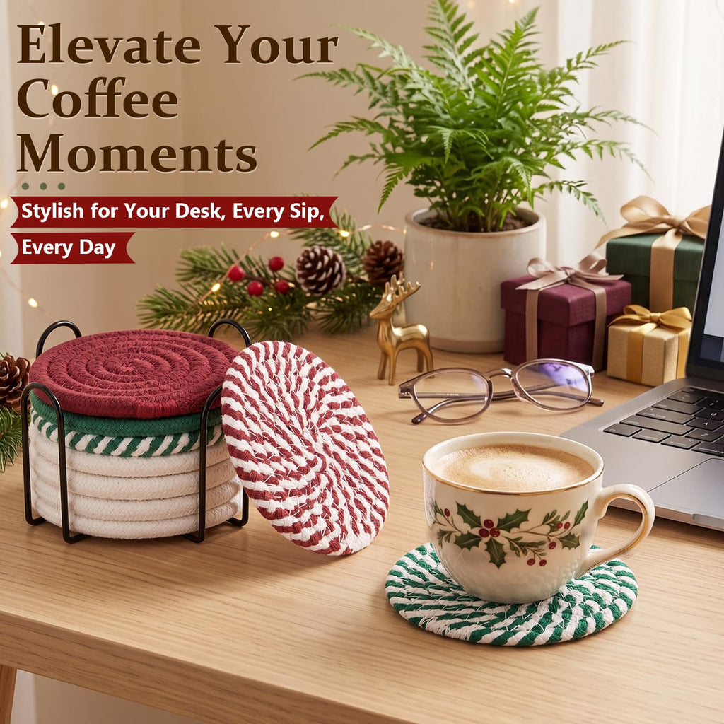 8 Pcs Coasters with Holder for Beer, Coffee -Christmas Mixed Color