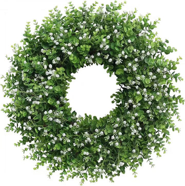 Artificial Boxwood Wreath for Front Door, Farmhouse Year Round Greenery Wreath, Indoor Outdoor with Hanging Tag