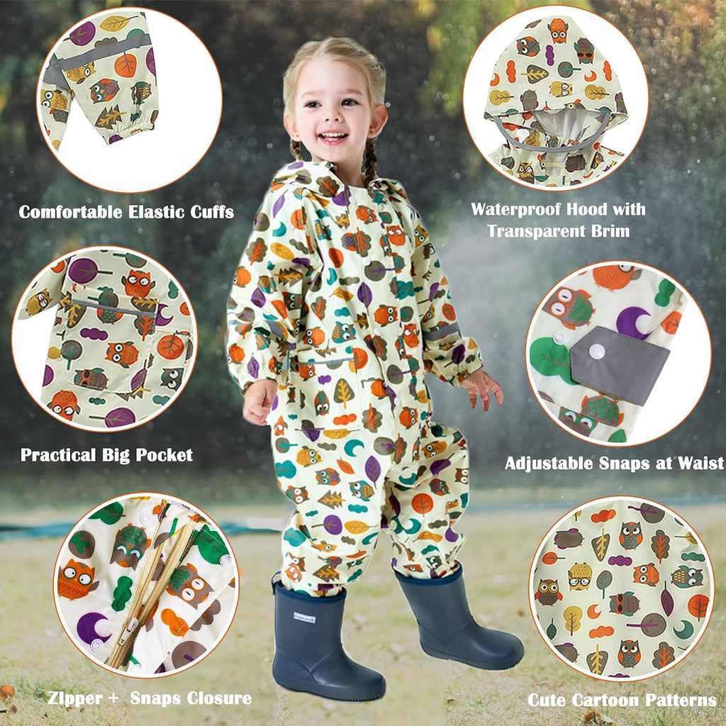 Kids Toddler Rain Suit for Boys Girls One Piece Hoodie Zipper Cartoon Waterproof Coverall Rain Jacket