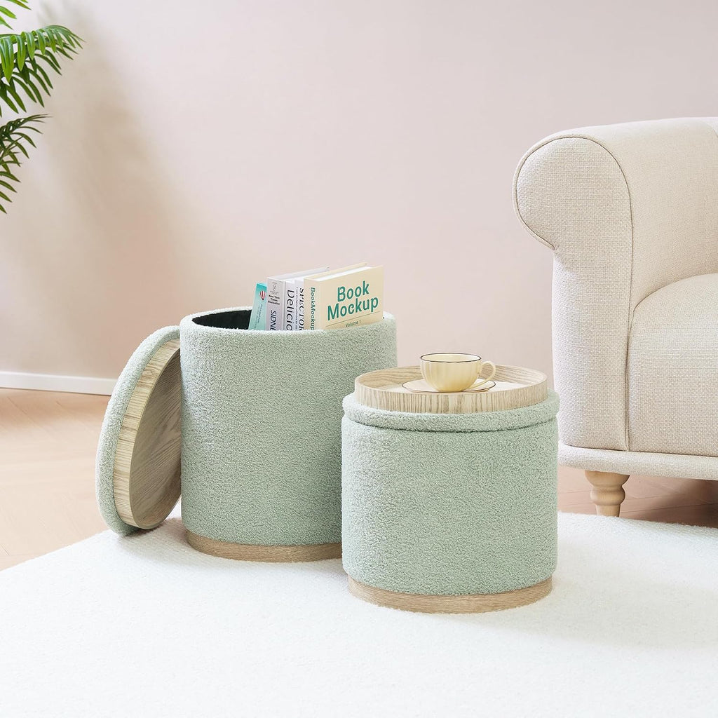 Round Ottoman with Storage Set of 2, Storage Ottoman with Tray, Teddy Velvet Ottoman Storage Modern Multifunctional