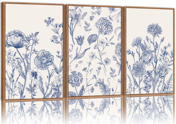 Large Classic Chinoiserie Flower Framed Canvas Wall Art Set, Navy Blue and White Floral Wall Decor, Minimalist
