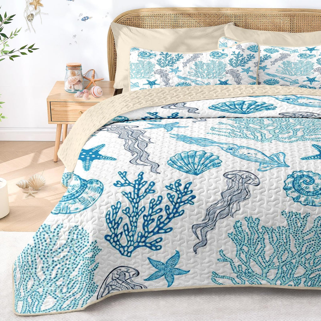 Quilt Set, 3 Pieces Ocean Beach Bedding, Bedspread