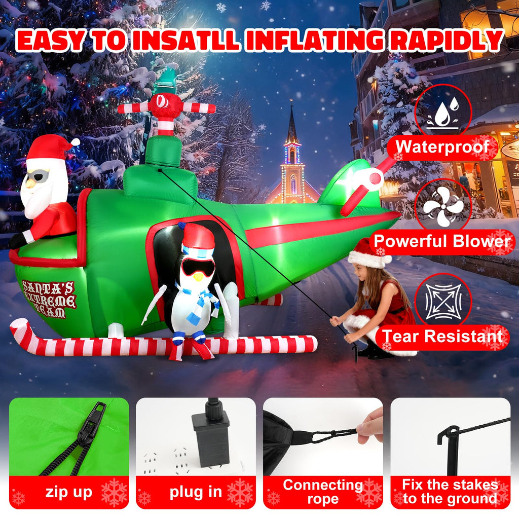 8ft Wide&5.5ft Tall Christmas Inflatable Outdoor Decorations, Blow up Yard Decor with Santa Claus to Fly a Helicopter