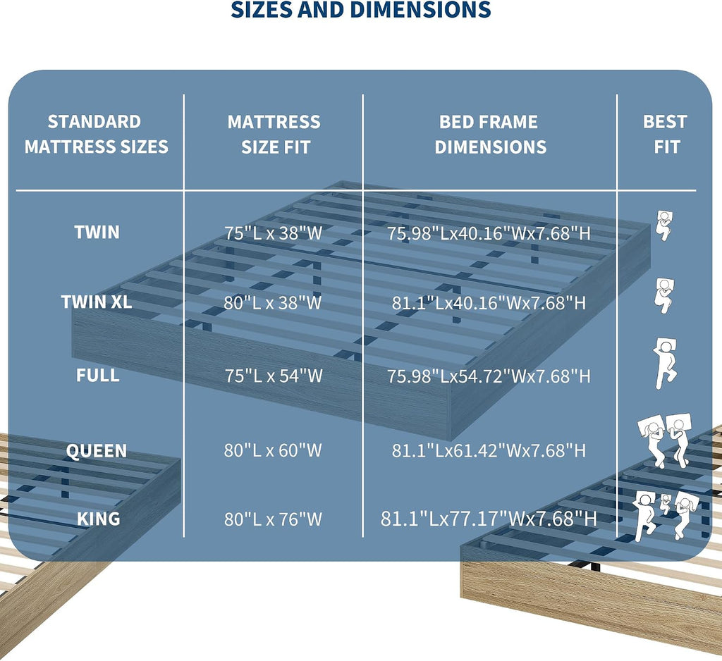 Wooden Platform Bed Frame, Floor-Standing Bed Frame with Wood Slats Support, No Box Spring Needed, Low