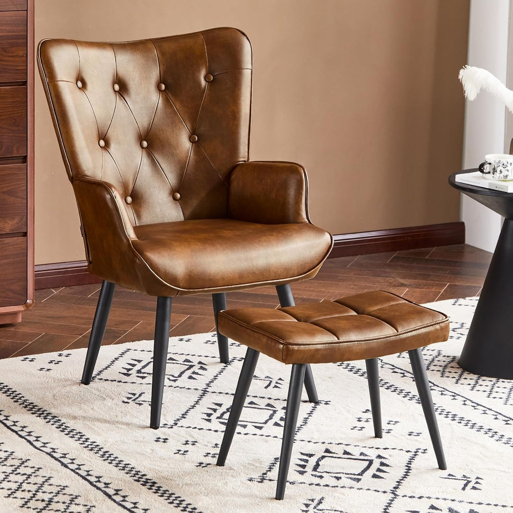 PU Leather Accent Chair with Ottoman, Upholstered Reading Chair with High Backrest, Tufted-Button Wingback Armchair