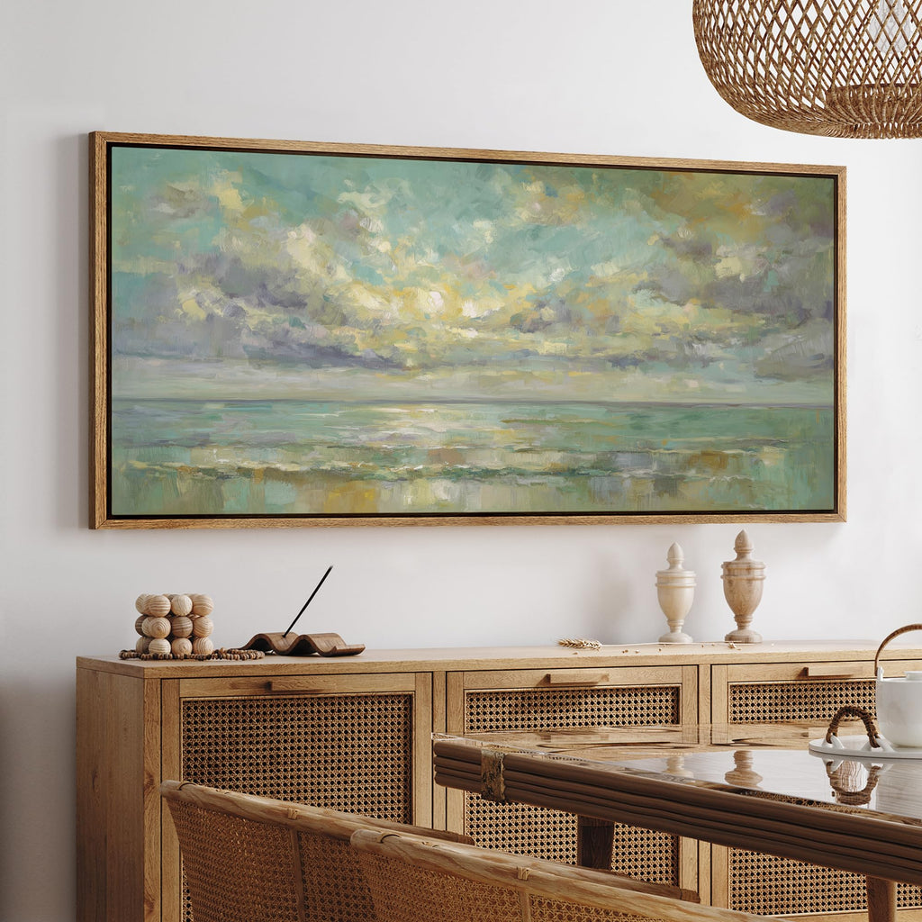 Extra Large Framed Canvas Print Wall Art Serene Ocean Sunrise Horizon Soft Coastal Seascape Landscape Antique Retro